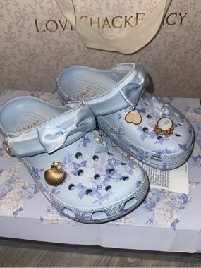 Women’s Light Blue Floral Clog Sandals with Bow love shack fancy